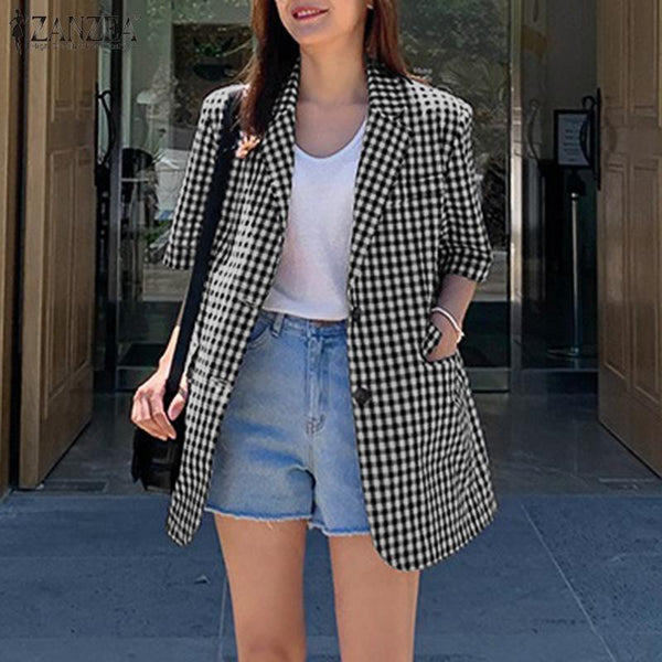 ZANZEA 2022 Women's Check Blazers Casual Coats Long Sleeve Outwears Female Single Button Plaid Overcoats  Tops