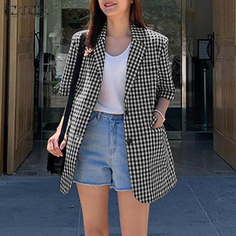 ZANZEA 2022 Women's Check Blazers Casual Coats Long Sleeve Outwears Female Single Button Plaid Overcoats  Tops