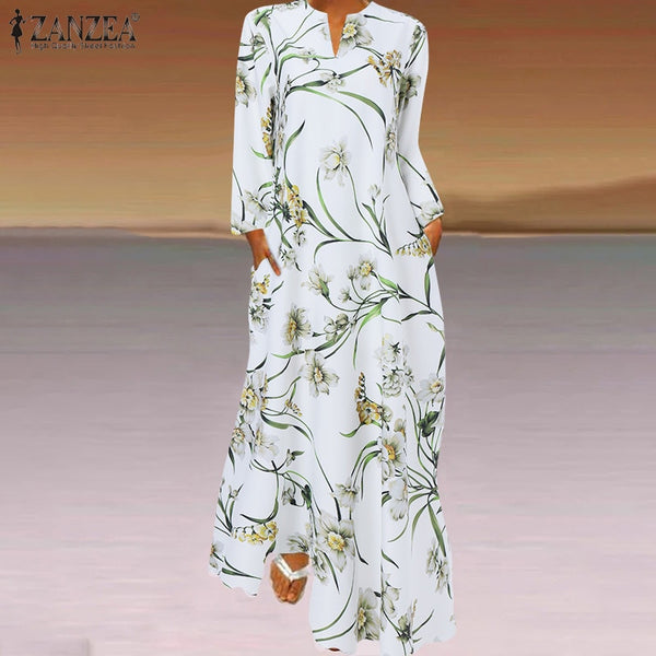 ZANZEA 2023 Bohemina Spring Printed Maxi Dress Women's Floral Sundress Long Sleeve Maxi Vestidos Female V neck Robe