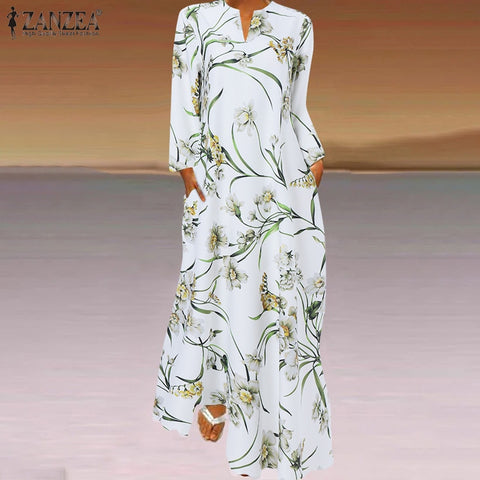 ZANZEA 2023 Bohemina Spring Printed Maxi Dress Women's Floral Sundress Long Sleeve Maxi Vestidos Female V neck Robe