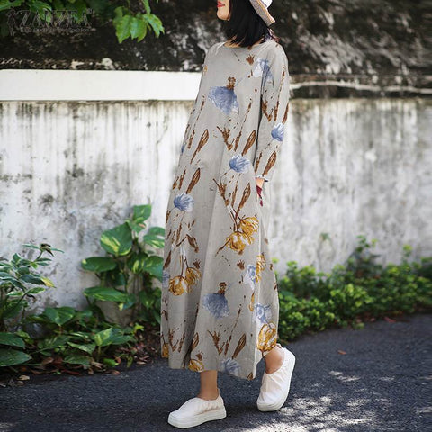 ZANZEA 2023 Spring Floral Sundress Women Bohemian Holiday Dress Vintage Long Sleeve Midi Vestidos Robe Femme Oversized