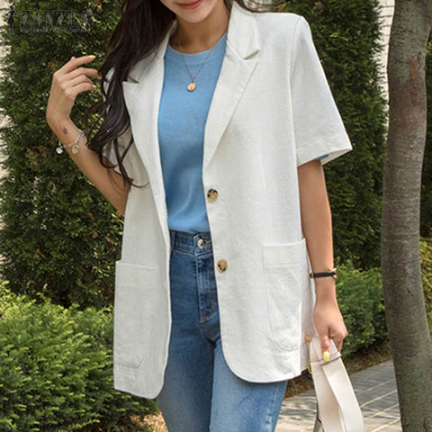 ZANZEA Elegant Women Blazers 2022 Summer Office Lady Cotton Solid Coats Casual Short Sleeve Loose Lapel Outwears