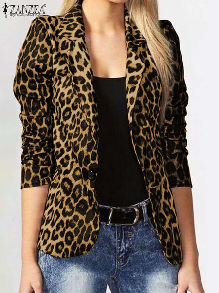 ZANZEA Ladies Office Suits 2023 Women Blazer Spring Summer Female Leopard Printed Lapel Coat Oversized Button Outwear 1