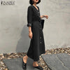 ZANZEA  Spring Autumn Elegant Denim Midi Dress With Belt Solid V Neck Vestidos Female Full Sleeves Pocket Robe Oversized