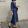 ZANZEA  Spring Autumn Elegant Denim Midi Dress With Belt Solid V Neck Vestidos Female Full Sleeves Pocket Robe Oversized