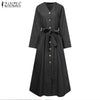 ZANZEA  Spring Autumn Elegant Denim Midi Dress With Belt Solid V Neck Vestidos Female Full Sleeves Pocket Robe Oversized