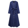 ZANZEA  Spring Autumn Elegant Denim Midi Dress With Belt Solid V Neck Vestidos Female Full Sleeves Pocket Robe Oversized