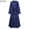 ZANZEA  Spring Autumn Elegant Denim Midi Dress With Belt Solid V Neck Vestidos Female Full Sleeves Pocket Robe Oversized