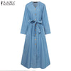 ZANZEA  Spring Autumn Elegant Denim Midi Dress With Belt Solid V Neck Vestidos Female Full Sleeves Pocket Robe Oversized