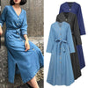 ZANZEA  Spring Autumn Elegant Denim Midi Dress With Belt Solid V Neck Vestidos Female Full Sleeves Pocket Robe Oversized