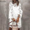 ZANZEA Spring Solid Dress Elegant Long Flare Sleeve Hollow Out Midi Vestidos Robe Femme Women Lace Crochet Sundress 2PCS