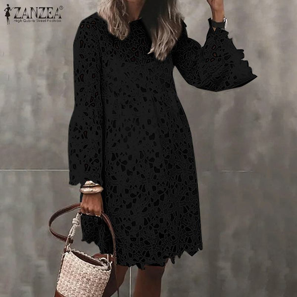 ZANZEA Spring Solid Dress Elegant Long Flare Sleeve Hollow Out Midi Vestidos Robe Femme Women Lace Crochet Sundress 2PCS