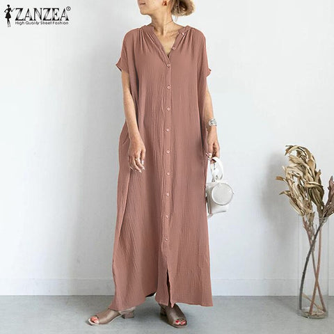 ZANZEA Female Elegant Kaftan Chic Vestidos Short Sleeve Oversize VNeck Shirt Leisure Sundress Maxi Dress Solid Summer Robe Femme