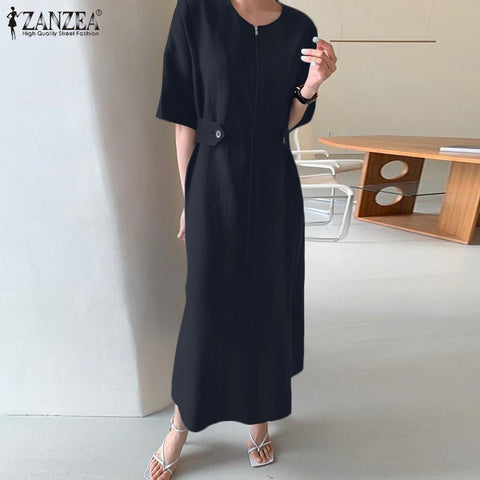 ZANZEA Female Elegant Oneck Chic Vestidos Casual Solid Color Robe Femme Summer Half Sleeve Oversize Maxi Dress Women's Sundress