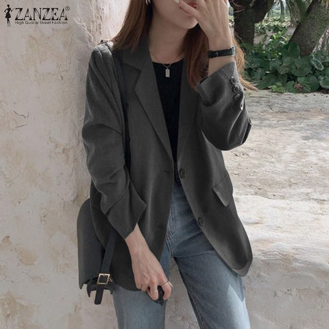 ZANZEA Femme Spring Outwears Elegant Long Sleeve Jackets Blazer Single Button Suits Female Solid Color Oversize Officewear Coats