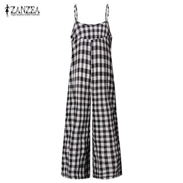 Long Rompers Womens Jumpsuit Female Vintage Cotton Bib Overalls Dungarees Wide Leg Plaid Pants Strappy Checkered Trousers