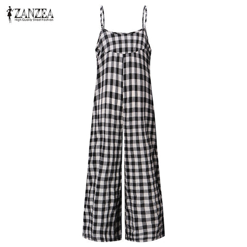 Long Rompers Womens Jumpsuit Female Vintage Cotton Bib Overalls Dungarees Wide Leg Plaid Pants Strappy Checkered Trousers
