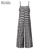 Long Rompers Womens Jumpsuit Female Vintage Cotton Bib Overalls Dungarees Wide Leg Plaid Pants Strappy Checkered Trousers