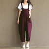 Vintage Women Strappy Solid Rompers Pockets Cotton Linen Jumpsuits Dungarees Sleeveless Loose Bib Overalls Plus Size