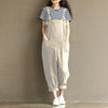 Vintage Women Strappy Solid Rompers Pockets Cotton Linen Jumpsuits Dungarees Sleeveless Loose Bib Overalls Plus Size