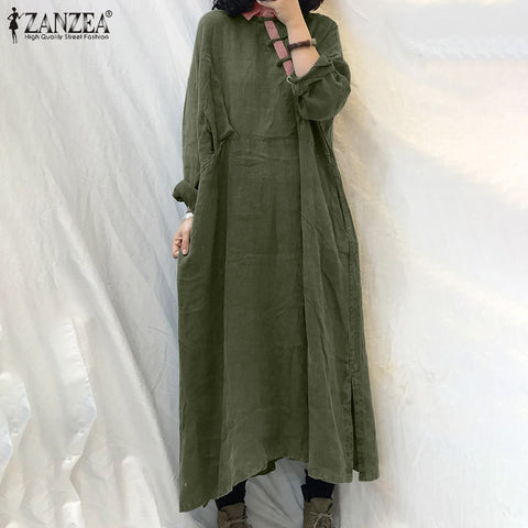 ZANZEA Vintage Women's Dresses 2023 Spring Autumn Long Sleeve Cotton Linen Midi Dress Casual Solid Loose Oversized Robe Femme