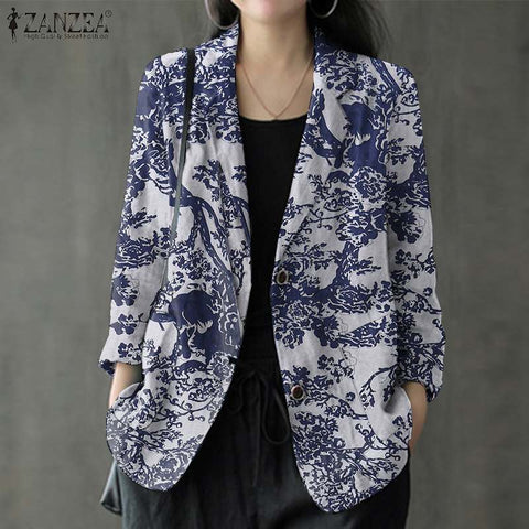 ZANZEA Women Autumn Leisure Lapel Floral Print Button Linen Suit Outwear Work Baggy Coat Famale Vintage Long Sleeve Blazer 2023