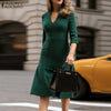 ZANZEA Women Autumn V Neck 3/4 Sleeve Office Work Sundress Casual Solid High Waist Midi Vestidos Robe Femme Elegant Party Dress