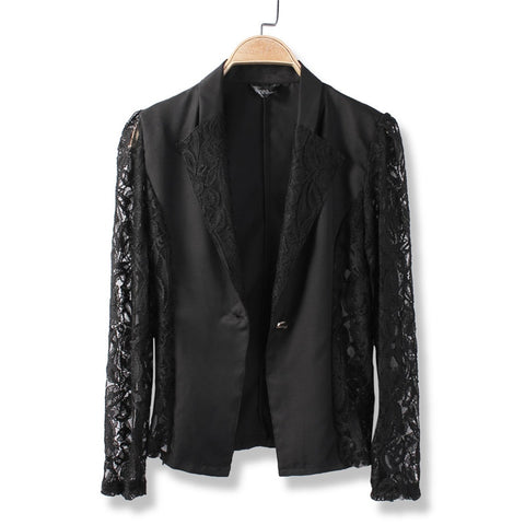 Women Blazer Autumn Slim Top Elegant Sheer Lace One Button Short Design Clothes Blazer Suit Female Workwear Plus Size 3XL
