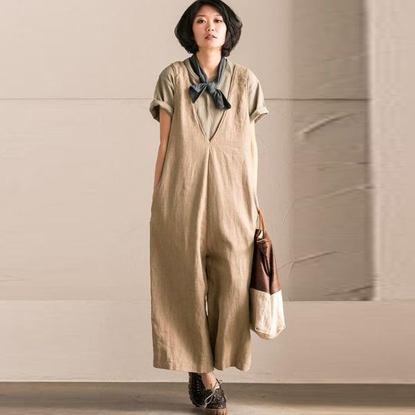 Women Jumpsuits Wide Leg Bib Overalls Summer Sleeveless Long Dungarees Pockets Cotton Linen Loose Solid Rompers Trousers