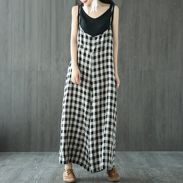 Women Sleeveless Check Plaid Dungaree Jumpsuits Overalls Vintage Ladies Strappy Casual Loose Harem Pants Long Trousers