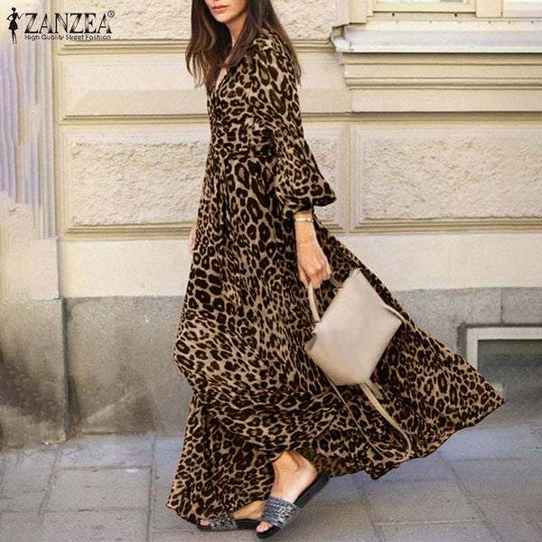 ZANZEA Women Spring Puff Sleeve Maxi Long Sundress Sexy Leopard Printed Party Dress V Neck High Waist Holiday Vestidos 7