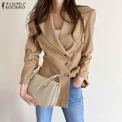 ZANZEA Women's Solid Blazer 2022 Autumn Lapel Coat Office Lady Single-Breasted Cardigan Casual Jackets Female OL Outwear