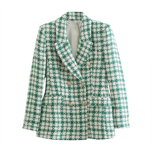 ZATRHMBM 2023 women's spring and summer spot European and American retro green textured double-breasted suit jacket