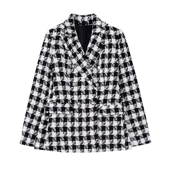 ZATRHMBM Women houndstooth Double Breasted Blazer Vintage Long Sleeve Jacket Coat Casual Ladies Outerwear Stylish Tops