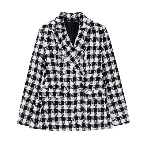 ZATRHMBM Women houndstooth Double Breasted Blazer Vintage Long Sleeve Jacket Coat Casual Ladies Outerwear Stylish Tops