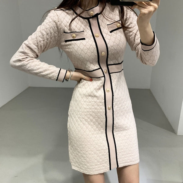 ZAWFL Autumn Winter Women Knitted Dress 2022 Korean Long Sleeve O-Neck Bandage Sweater Clothing Elegant Ladies Dresses