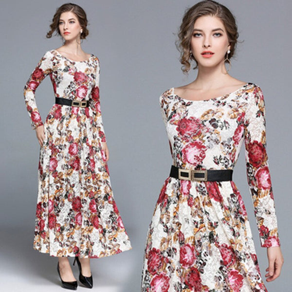 ZAWFL  Elegant S-2XL 2023 Spring  Round Collar Flower Printed Long Sleeve Woman Long Lace Dress