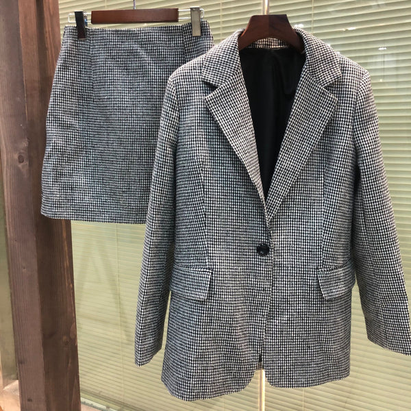 ZBZA Autumn casual and comfortable office white-collar simple style houndstooth slim suit + mini skirt