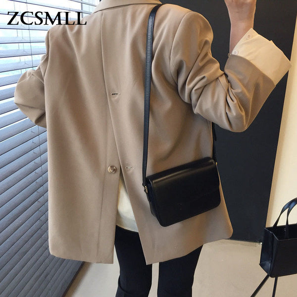 ZCSMLL  Temperament Turn-down Collar Black Casual Coat Back Slit Button Loose Long-sleeved Korean Autumn Winter Jacket Women