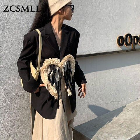 ZCSMLL Turn-down Collar  Womens Blazers Long Sleeve Stitching Lace 2023 Autumn Winter Loose Big Size Women Coat Tide