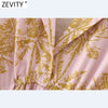 ZEVITY 2022 Women Tropical Leaves Print Elastic Waist Midi Shirt Dress Ladies Three Quarter Sleeve A Line Vestido DS8630