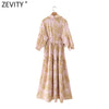 ZEVITY 2022 Women Tropical Leaves Print Elastic Waist Midi Shirt Dress Ladies Three Quarter Sleeve A Line Vestido DS8630
