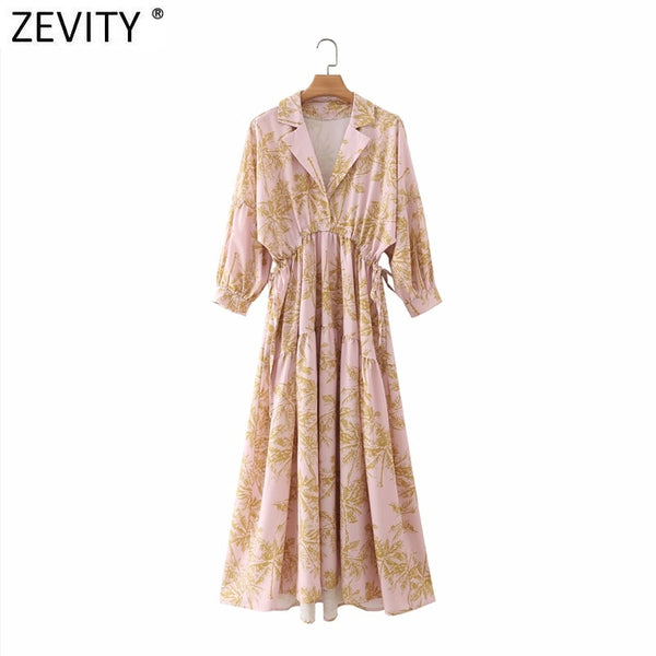 ZEVITY 2022 Women Tropical Leaves Print Elastic Waist Midi Shirt Dress Ladies Three Quarter Sleeve A Line Vestido DS8630
