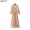 ZEVITY 2022 Women Tropical Leaves Print Elastic Waist Midi Shirt Dress Ladies Three Quarter Sleeve A Line Vestido DS8630