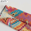 ZEVITY 2022 Women Vintage V Neck Contrast Color Greometric Print Side Split Midi Dress Ladies Summer Lace Up Slim Vestido DS8638