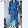 ZEVITY 2022 Women Vintage Irregular Geometric Print Bow Sashes Kimono Midi Dress Female Chic Long Sleeve Pleated Vestidos DS9083