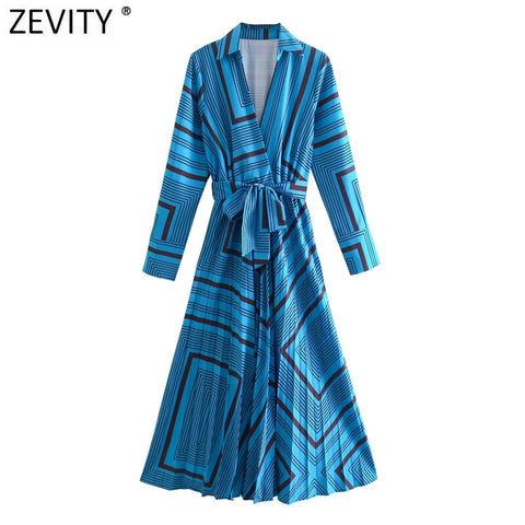 ZEVITY 2022 Women Vintage Irregular Geometric Print Bow Sashes Kimono Midi Dress Female Chic Long Sleeve Pleated Vestidos DS9083