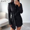 ZEVITY Women Elegant Patcdhwork Lace Up Sequined Slim Mini Dress Office Lady Chic Long Sleeve Kimono Party Vestidos DS9209