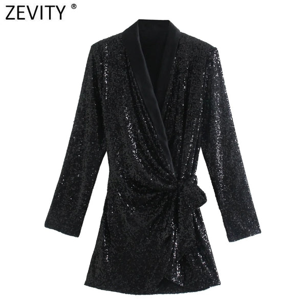 ZEVITY Women Elegant Patcdhwork Lace Up Sequined Slim Mini Dress Office Lady Chic Long Sleeve Kimono Party Vestidos DS9209