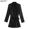 ZEVITY Women Elegant Patcdhwork Lace Up Sequined Slim Mini Dress Office Lady Chic Long Sleeve Kimono Party Vestidos DS9209